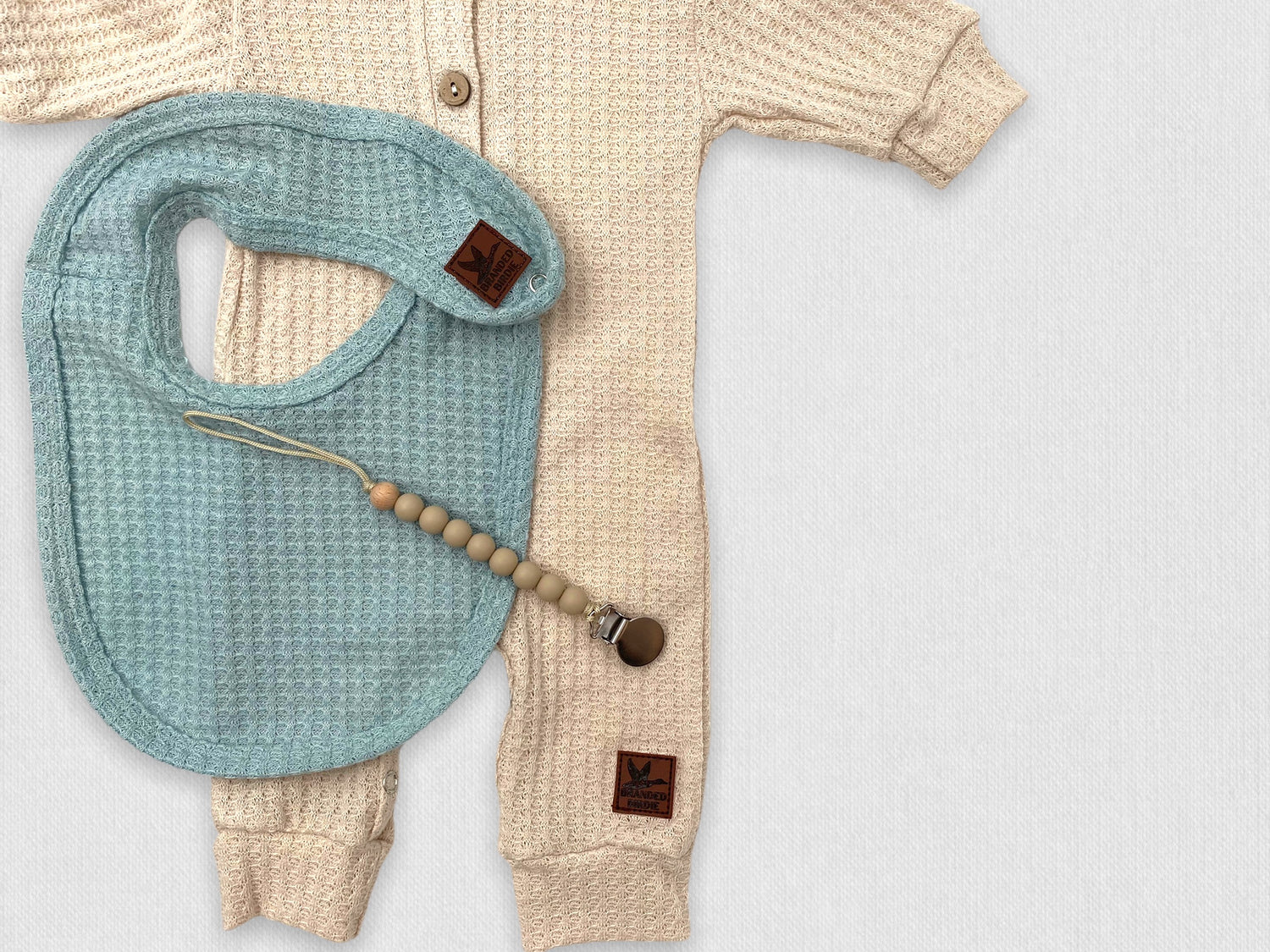 Waffle Knit Baby Bib with Leather Patch - Powder Blue - Branded Birdie