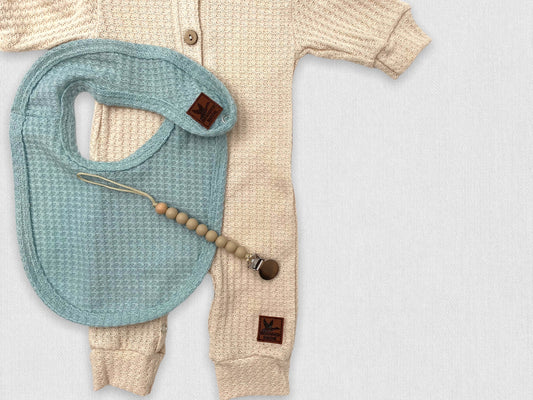 Waffle Knit Baby Bib with Leather Patch - Powder Blue - Branded Birdie