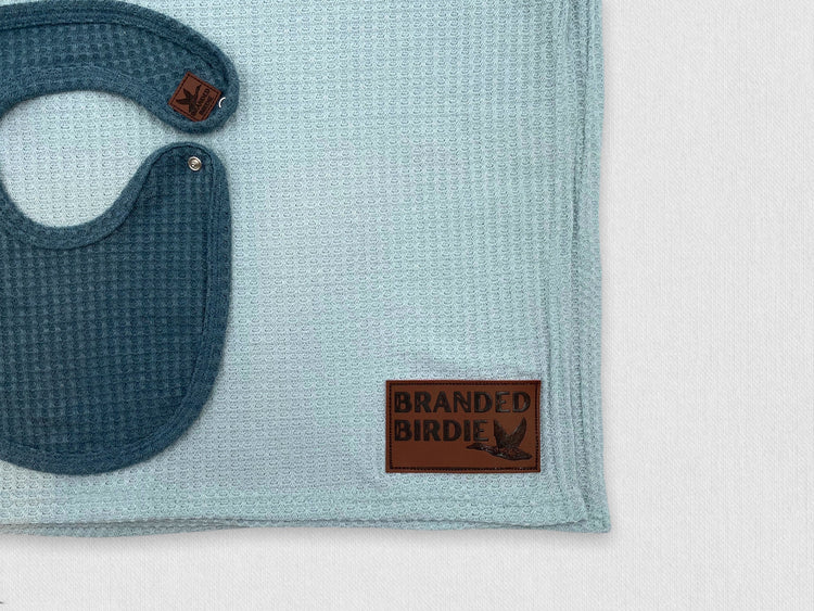 Waffle Knit Cotton Baby Swaddle Blanket with Leather Patch - Powder Blue - Branded Birdie