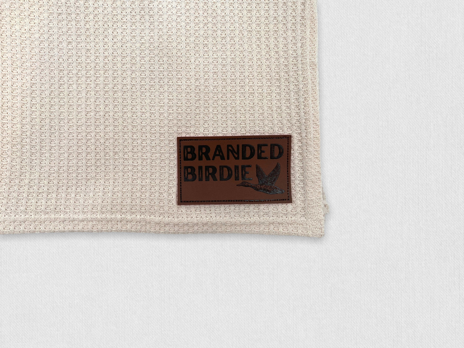 Waffle Knit Cotton Baby Swaddle Blanket with Leather Patch - Oatmeal Cream - Branded Birdie