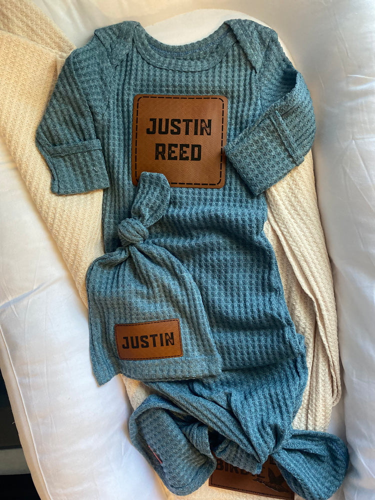 Custom Branded Newborn Knotted Gown Set - Denim Pine - Branded Birdie